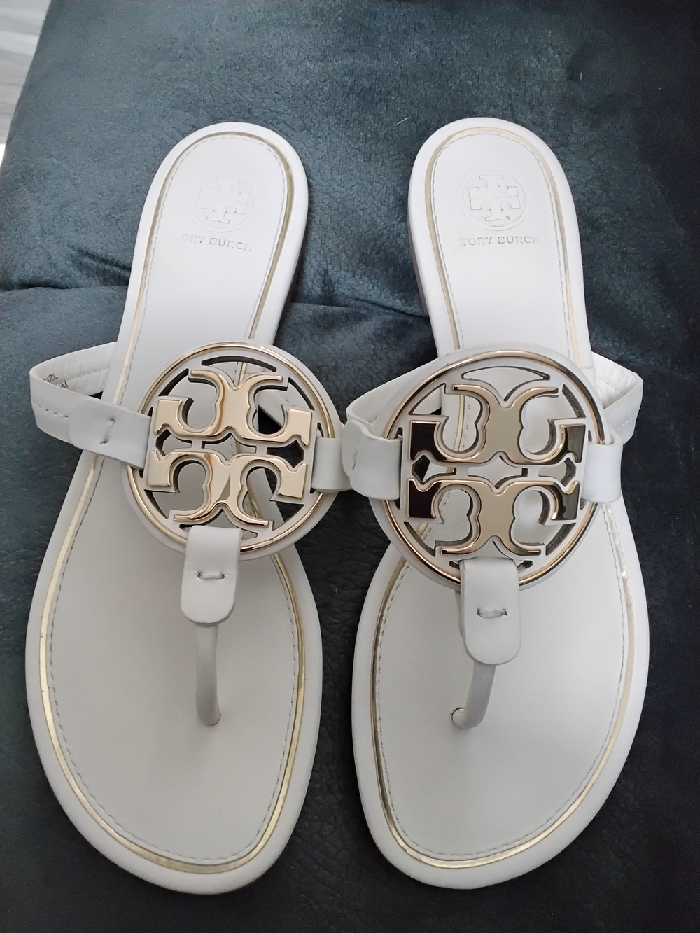 Tory Burch White Leather Logo Thong Sandals with Gold Medallions